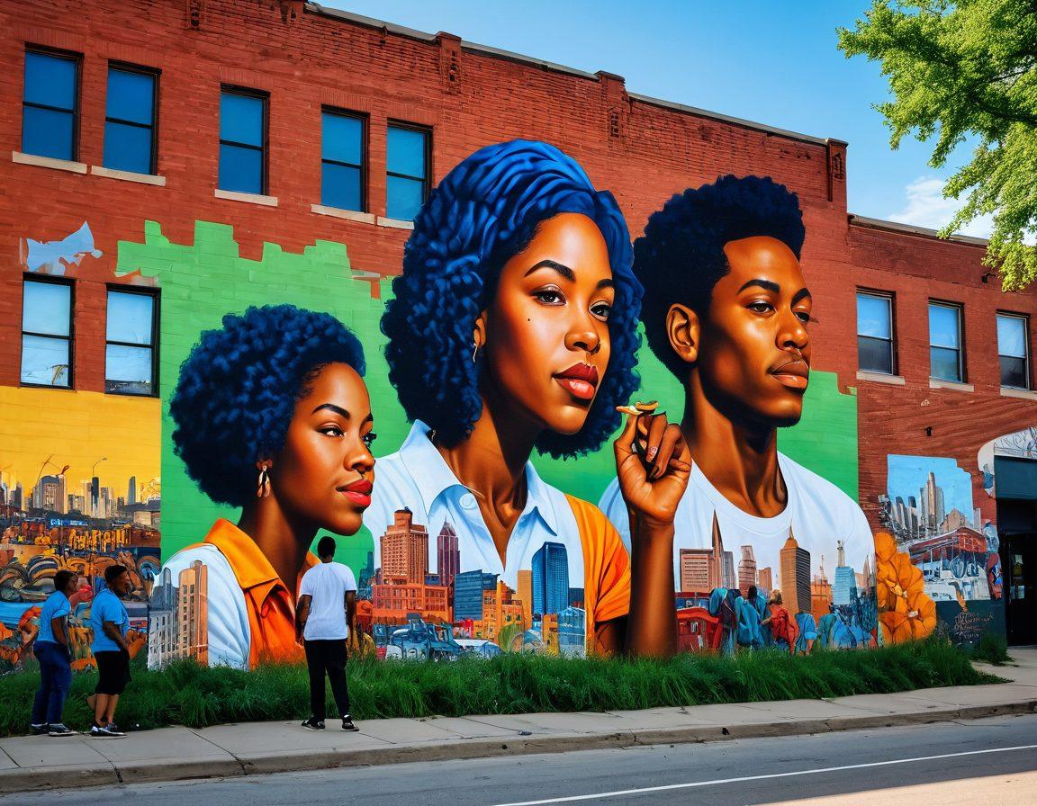 A vibrant street scene in Detroit featuring a mural showcasing diverse community stories, with local artists painting and engaging with the public. Include colorful street arts, people of various backgrounds celebrating together, and greenery in the background to symbolize community unity. The skyline of Detroit subtly frames the scene to highlight the city. Capture the essence of creativity and collaboration. super-realistic. vibrant colors. urban style.