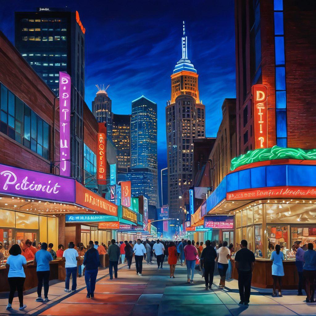A vibrant street scene in Detroit, showcasing a diverse group of people engaging in social activities like dining, dancing, and art displays. Include iconic Detroit landmarks in the background, such as the Renaissance Center and the Detroit River. Bright neon lights and colorful murals create an energetic atmosphere, reflecting the city's dynamic culture. Capture a sense of community and excitement. painting. vibrant colors. night scene.