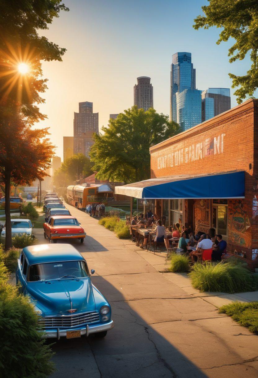 A vibrant cityscape of Detroit showcasing its iconic skyline intertwined with local community scenes, featuring diverse neighborhoods with colorful murals, joyous people participating in local events, food trucks, and outdoor gatherings. The image should embody a sense of unity and cultural richness, with lush trees lining the streets and the sun setting in the background, casting a warm glow. super-realistic. vibrant colors. 3D.